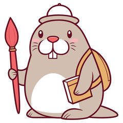Adorable Cartoon Seal With A Hat And Backpack Holding Paintbrush And Book