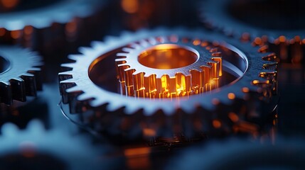 Close up depicts illuminated metal gears working together in harmony