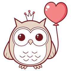 Cartoon Owl with Crown Holding Heart Balloon on White Background