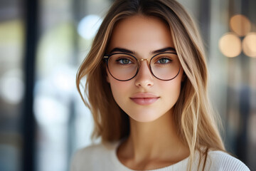 Close-up portrait of a young Caucasian woman with long brown hair wearing round glasses, in an office setting with a blurred background.