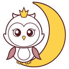 Cartoon Owl with Crown Sitting on Crescent Moon Isolated on Transparent