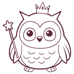 Cute Owl Character with Crown and Magic Wand in Line Art on Transparent Background