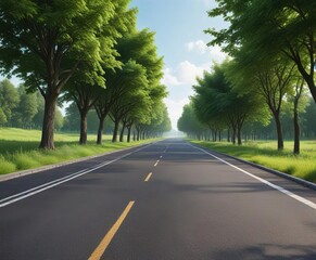 Obraz premium Long stretch of empty asphalt road in a serene green park, green park, beautiful sky