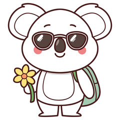 Cute Cartoon Koala with Sunglasses, Flower and Backpack on Transparent Background