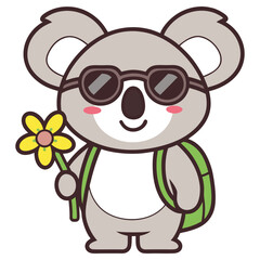 Cartoon Koala with Flower, Sunglasses and Backpack on White Background