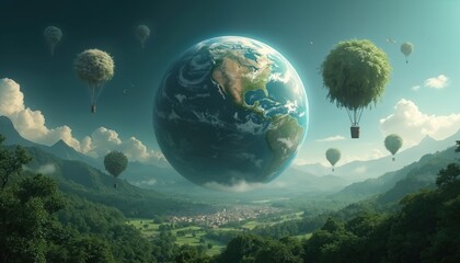 Earth Day eco concept photo. Planet earth hovers over green landscape. Nature with hot air balloons in shape of trees. Clean air, save planet, eco-friendly, climate change concept.