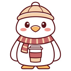 Adorable Penguin Cartoon Character Wearing Hat and Scarf with Coffee Cup Clipart