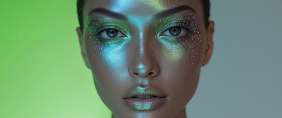 Fashion model showing creative glitter makeup on green background.