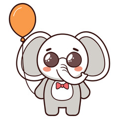 Cartoon Elephant with Glasses and Bow Tie Holds Balloon on Transparent Background