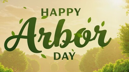 Happy Arbor Day animation. Green text with trees in background. Celebration for social media, web.