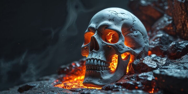 A striking sculpture of a pirate skull emerging from glowing molten rock in a dark setting