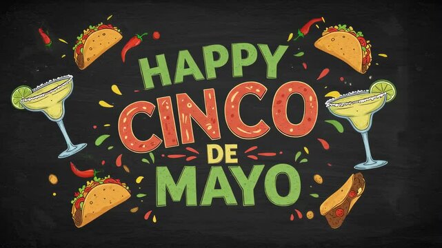 Happy Cinco de Mayo Animated Greeting. Festive Tacos & Margaritas on Black chalkboard background for social media, with copy space.