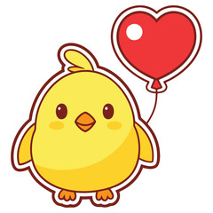 Cute Yellow Chick Holding Red Heart Balloon on White Background