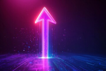 3d illustration neon arrows on dark background. Blue and purple abstract neon arrows tech graphic design. A glowing neon arrow pointing upward against a dark background. Colorful glowing arrow