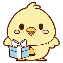 Cute Yellow Cartoon Chick Character Holding Present, Isolated on Transparent Background