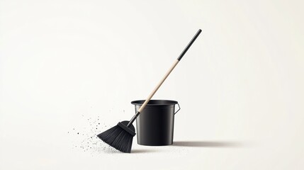 Black broom and bucket cleaning; white background; cleaning supplies; household chores
