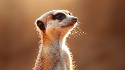 Fototapeta premium A meerkat looks towards the sun, its fur glowing golden in the warm light. A captivating portrait of wildlife.