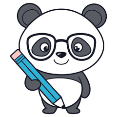 Cute Panda Character Wearing Glasses Holding a Pencil on Transparent Background