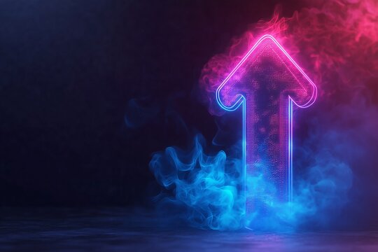 3d illustration neon arrows on dark background. Blue and purple abstract neon arrows tech graphic design. A glowing neon arrow pointing upward against a dark background. Colorful glowing arrow