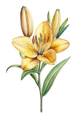 Fototapeta premium Elegant yellow lily flower with buds and green leaves PNG botanical illustration on white background