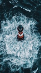 Naklejka premium A stunning aerial view of a lighthouse amidst crashing waves. This image captures the essence of maritime safety. A lighthouse stands strong against turbulent waters. Generative AI