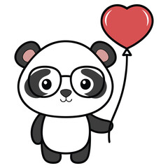 Cartoon Panda Wearing Glasses Holding a Heart Balloon on White Background