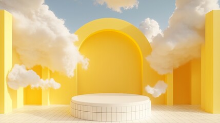 3d render, abstract minimal yellow background with white clouds flying out the tunnel. Yellow background podium with tile wall and white round table on the floor
