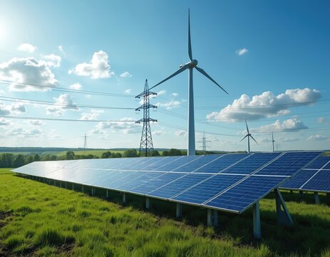 Solar panels, wind turbines generate renewable energy in rural landscape. Power lines transmit clean electricity to homes. Blue sky, white clouds create eco-friendly, sustainable energy source, green