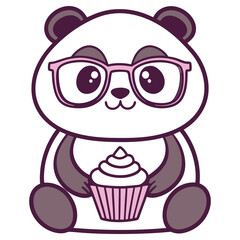 Adorable Panda with Glasses Holding a Cupcake Cartoon on Transparent Background