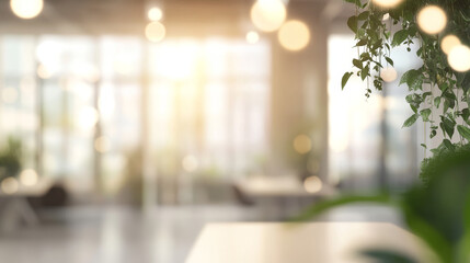 "Beautiful blurred background of a light, modern office interior featuring panoramic windows that allow natural light to flood the space, complemented by elegant lighting fixtures. 