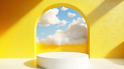 3d render, abstract minimal yellow background with white clouds flying out the tunnel. Yellow background podium with tile wall and white round table on the floor