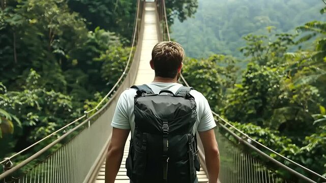Backpacker crossing a rickety suspension bridge in the jungle