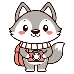 Cute Cartoon Wolf with Camera and Backpack on Transparent Background