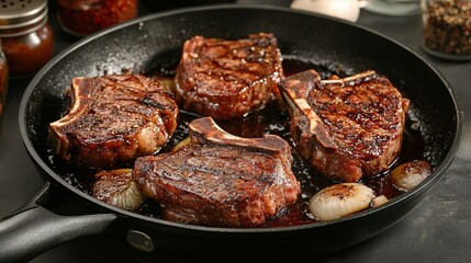 Four grilled steaks in a pan with onions