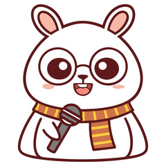 Cartoon White Bunny with Glasses, Scarf Holding Microphone, Transparent Background