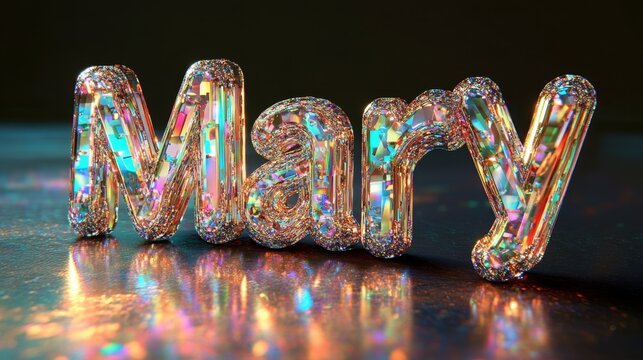 Colorful 3D Text "Mary" in Glitter and Neon Lights on Reflective Surface - Powered by Adobe