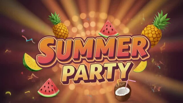 Summer Party Graphic Animation with Tropical Fruits. Festive Celebration, Looped Motion Background for social media, advertising.