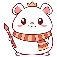 Cute Cartoon Bear with Crown, Paintbrush and Scarf on Transparent Background