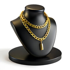 "Elegant Gold Layered Necklaces on Black Display Busts – Luxury Jewelry Photography with Minimalist Design, Studio Lighting, and High-End Fashion."