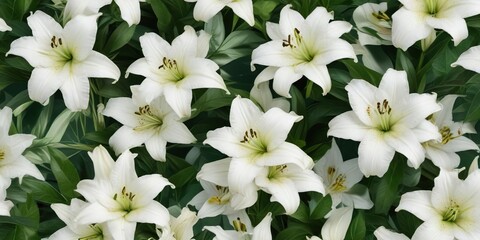 Minimalist background of white lilies with green leaves on a geometric green pattern, design, decorative, soothing