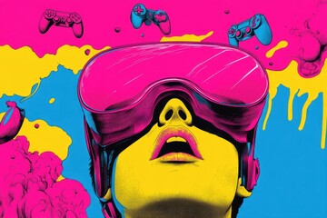 Vibrant Pop Art VR Experience with Game Controllers in Neon Colors