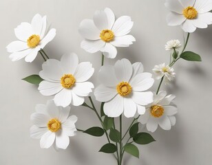 Fototapeta premium Minimalist composition of white paper flowers on a plain white surface, stylish, purity
