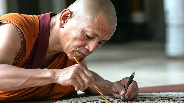 Buddhist monk creating intricate sand mandala during meditation