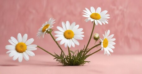 Fototapeta premium Minimalistic design of white chamomile blossoms on a blush pink backdrop, trend, composition, artistic, abstract