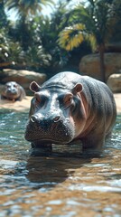 Fototapeta premium Hippos enjoying a sunny day in a natural habitat near water at a wildlife reserve