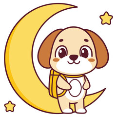 Cartoon Puppy with Backpack Sitting on Moon with Starry Sky, on Transparent Background
