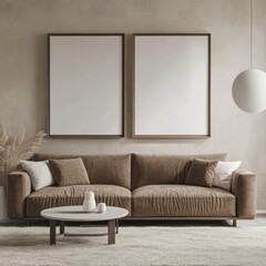 Modern living room with brown sofa, two blank canvases, and a coffee table.