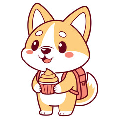Cartoon Corgi Dog with Backpack Holding Cupcake on a White Background Design