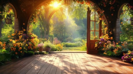 Fototapeta premium Sunlight streams through arched doorway into a vibrant garden filled with flowers