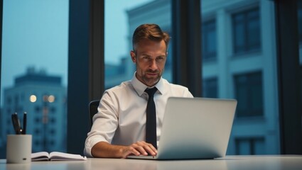 Focused Businessman Working Late at Night in Modern Office